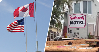 The U.S. border crossing as seen from the Canadian Border Services Agency checkpoint in Lacolle, south of Montreal, on Feb. 27, 2025.
